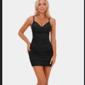 Halara Deep V Neck Ruched Bodycon Elegant Black Mini Dress